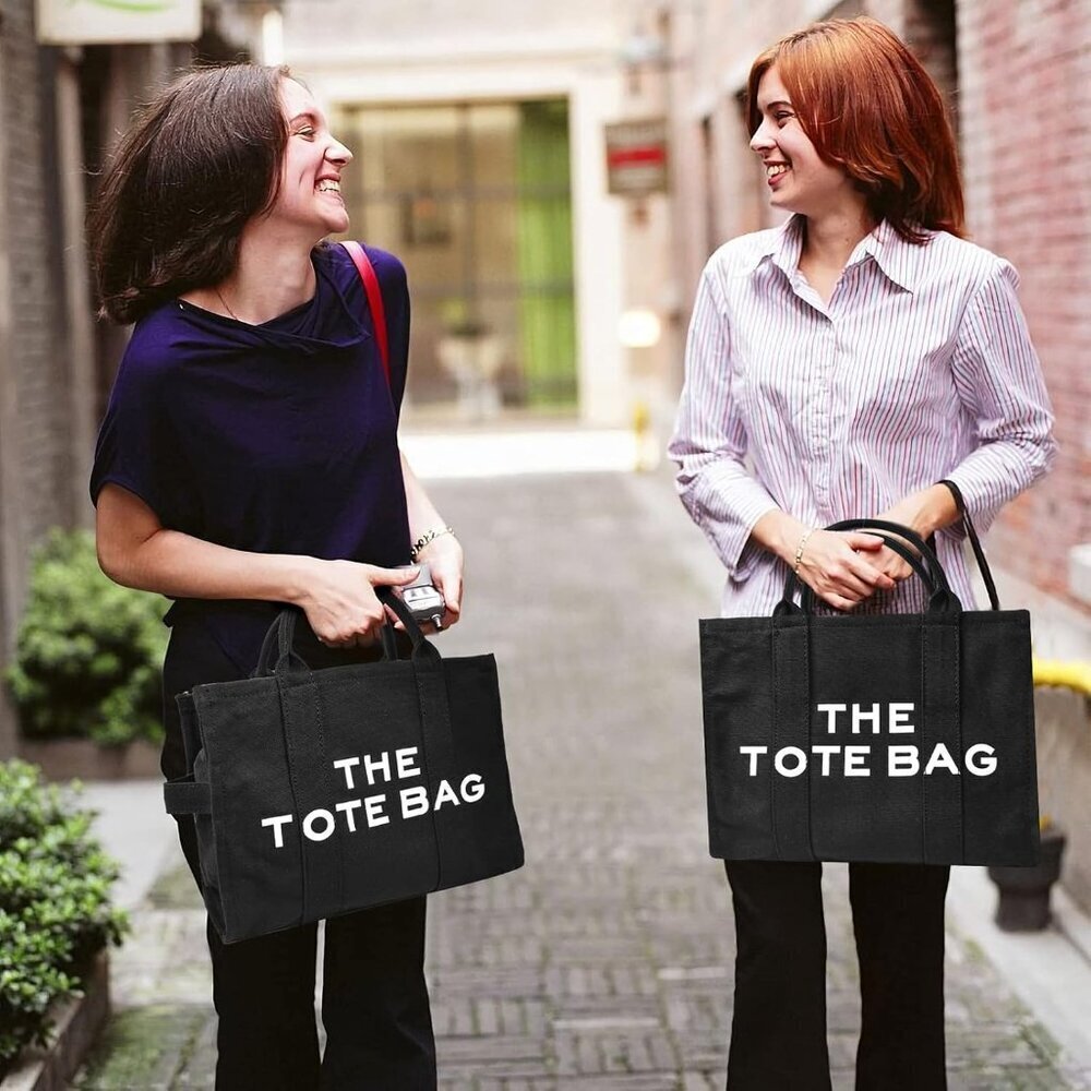Women Black Personalized Canvas Crossbody Tote Bags with Zipper Mini Top-Handle - Picture 3 of 7